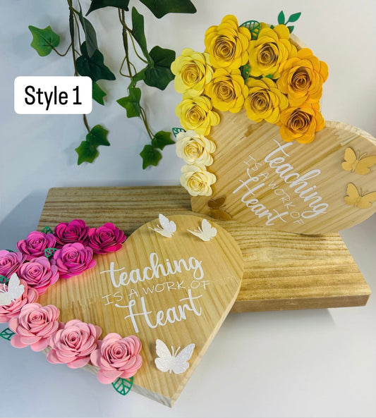 Floral Teacher Wooden Heart
